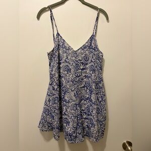 Show Me Your MuMu Blue and White Printed Spaghetti Strap Romper